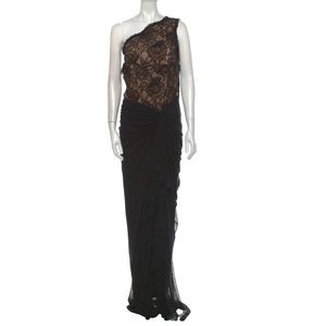 TADASHI SHOJI one shoulder, draped lace and mesh gown